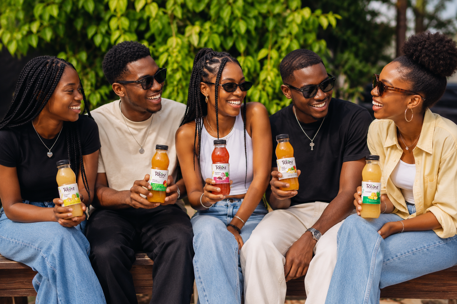 Young people happily enjoying St. Reinz fruit juice